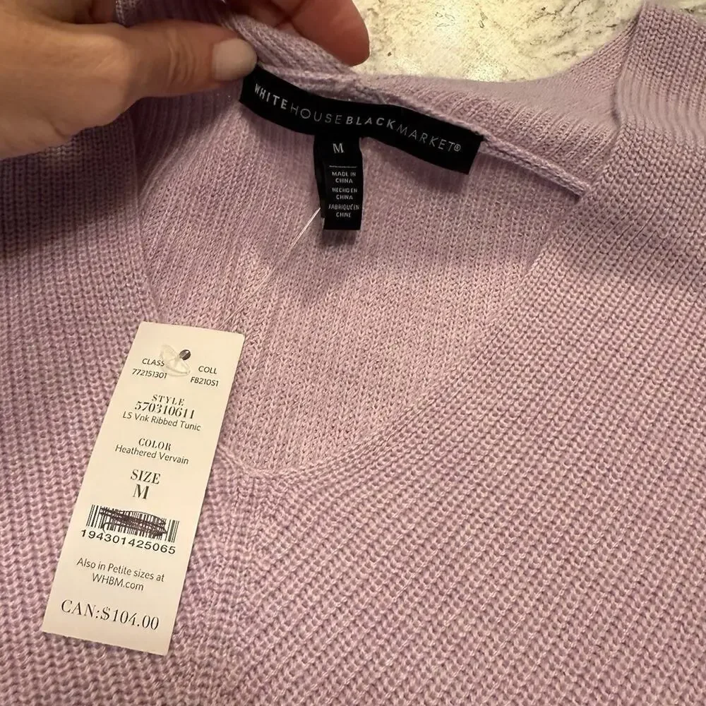 White House Black Market Sweater Women’s Size Medium Purple Ribbed Tunic NEW NWT